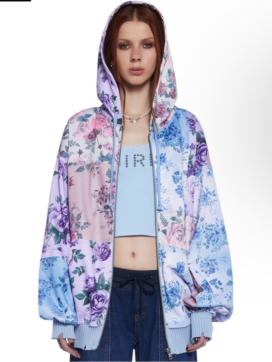 dELiA*s Pastel Patchwork Floral Shades Of Cool Zip Hoodie Pink Blue S NWOT - Picture 2 of 15